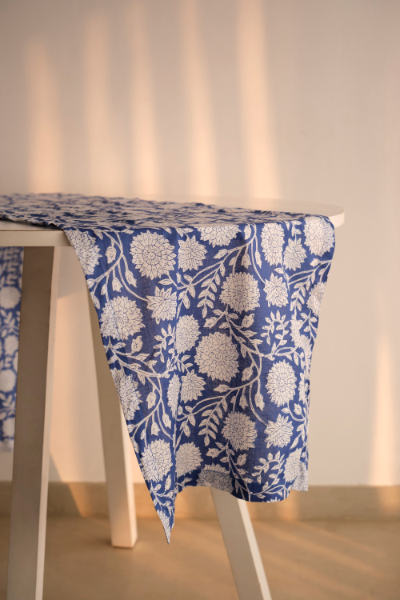 Block Print Table Runner- Blue Dahlia 